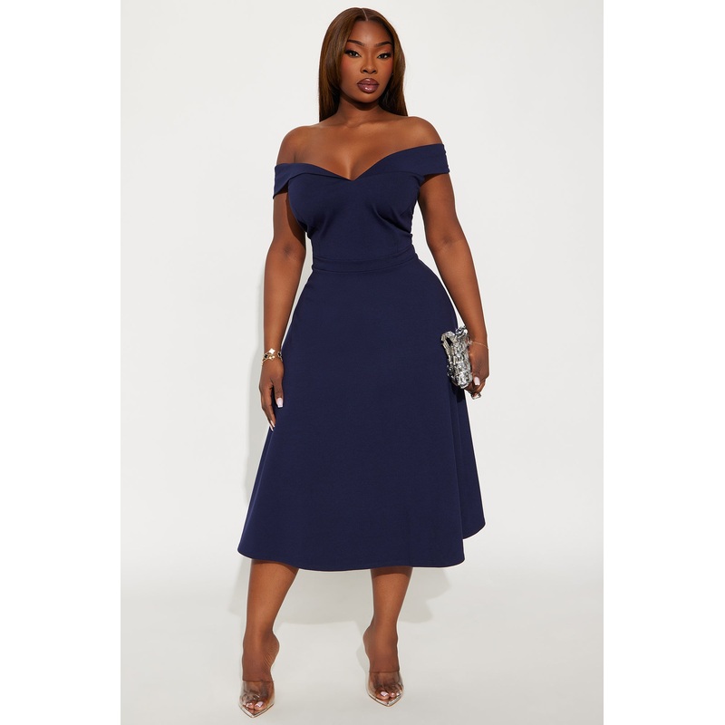 Poppy Body Sculpt Ponte Off Shoulder Midi Dress – Navy