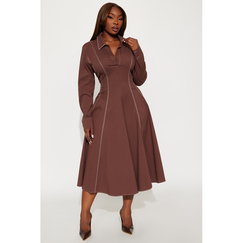 Prim Collared Long Sleeve Midi Dress – Chocolate