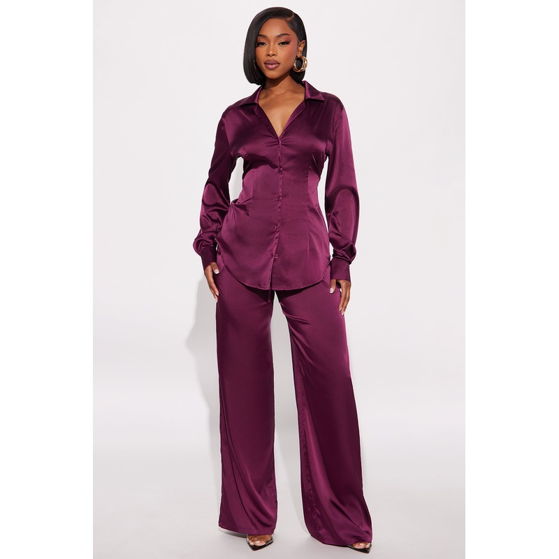Sienna Fitted Satin Pant Set – Wine