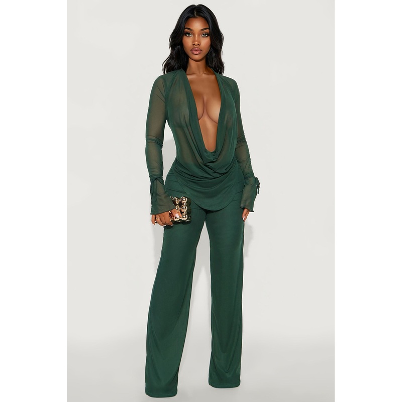 Silent Muse Cowl Neck Mesh Pant Set – Hunter