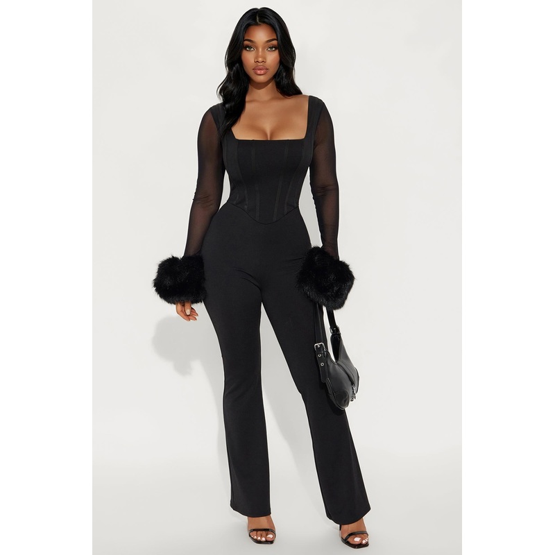 The Night We Met Faux Fur Corset Jumpsuit – Black