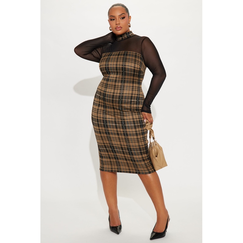 Alishia Plaid Midi Dress – Khaki/combo
