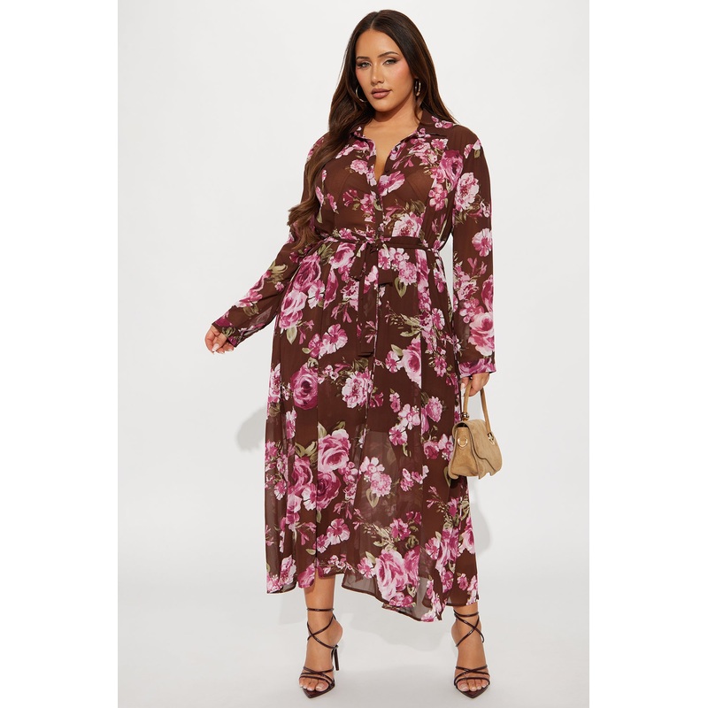 Amandla Floral Midi Shirt Dress – Brown/combo