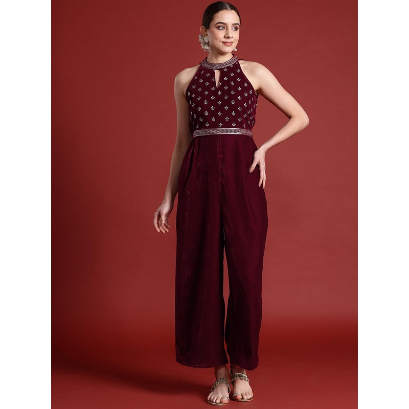 Anouk Halter Neck Printed Embroidered Culotte Jumpsuit with Belt