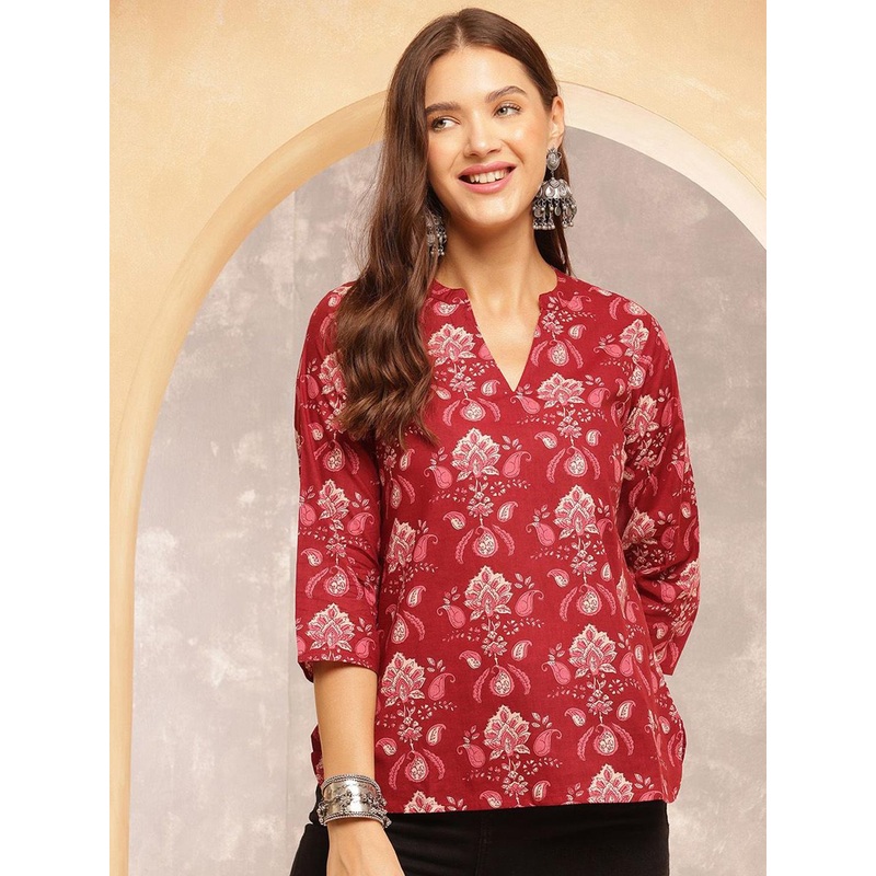 Anouk Rustic Women Ethnic Motifs Printed Mandarin Collar Cotton Top