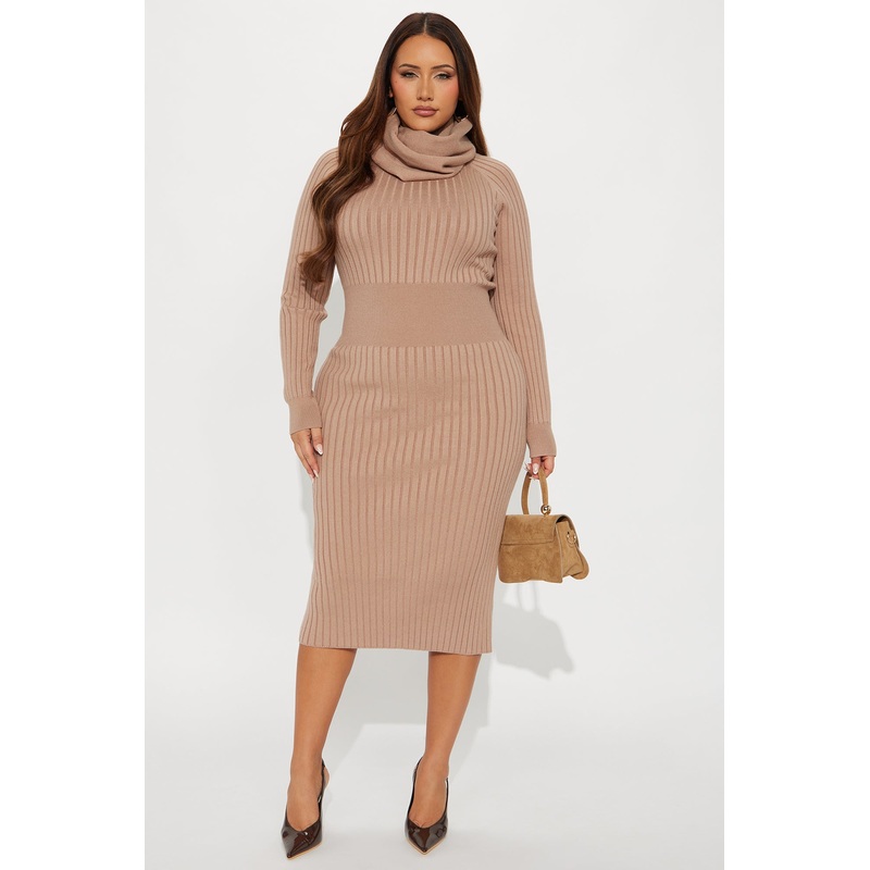 Aspen Long Sleeve Ribbed Midi Dress – Taupe
