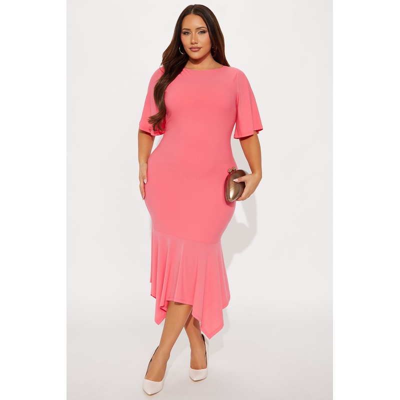 Audrina Asymmetrical Mermaid Midi Dress – Coral
