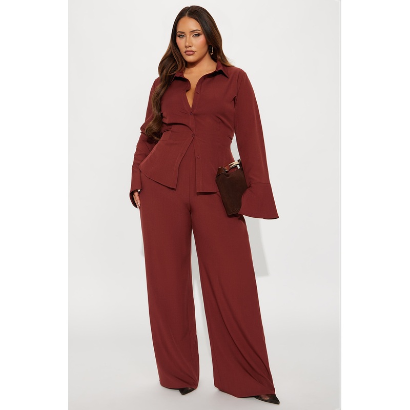 Brexley Button Up Shirt Wide Leg Pant Set – Rust