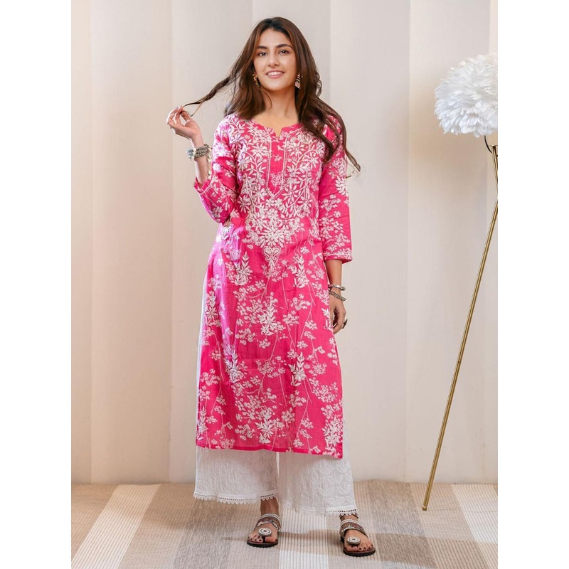 DIVASTRI Floral Embroidered Notch Neck Chikankari Straight Kurta