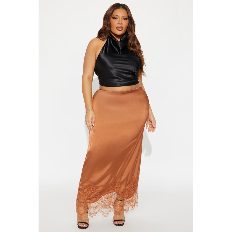 Dolled Up Lace Trim Satin Maxi Skirt – Cognac