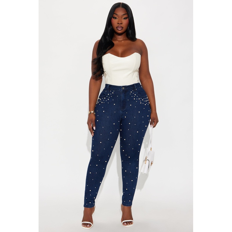 Dripping In Pearls Embellished Skinny Jeans – Dark Wash
