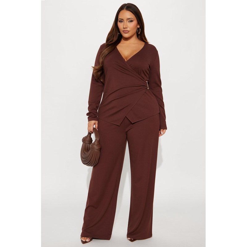 Helena Wrap Top And Wide Leg Pant Set – Brown