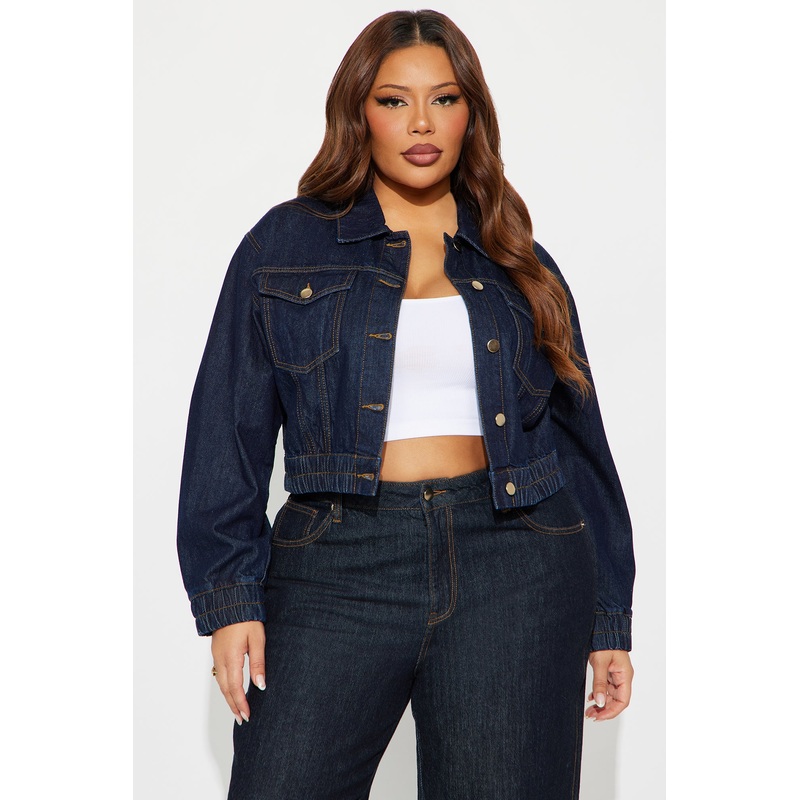 Iconic Cropped Denim Bomber Jacket – Dark Wash