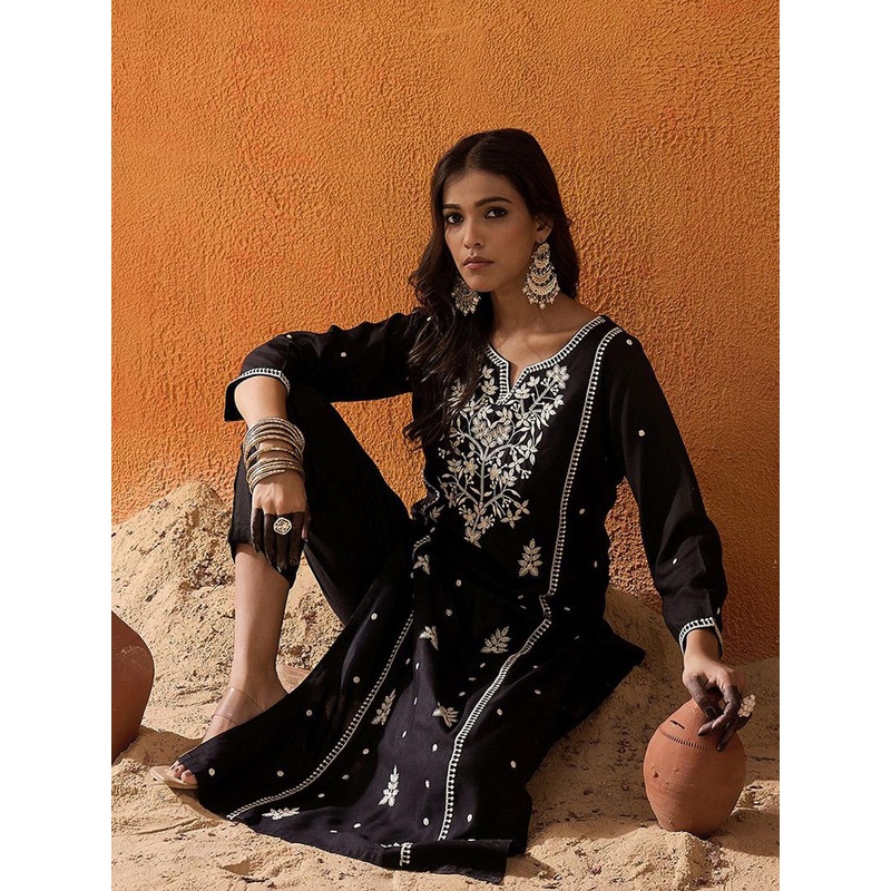 Indo Era Black Floral Embroidered Notch Neck Straight Kurta