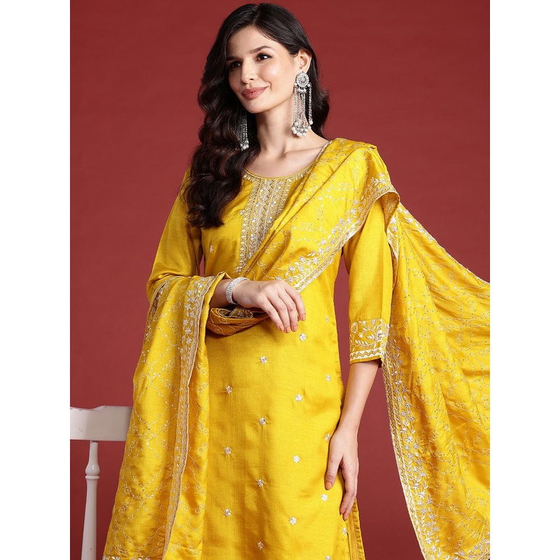 Indo Era Floral Embroidered Sequinned Kurta With Trousers & Dupatta