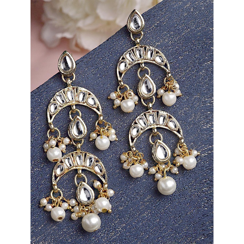 KARATCART Gold-Plated & White Kundan Studded Drop Earrings