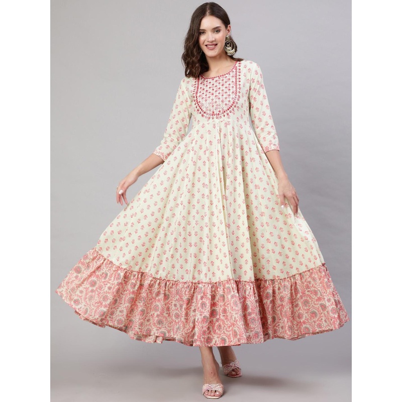 NISHABD Floral Printed Mirror Work Anarkali Kurta