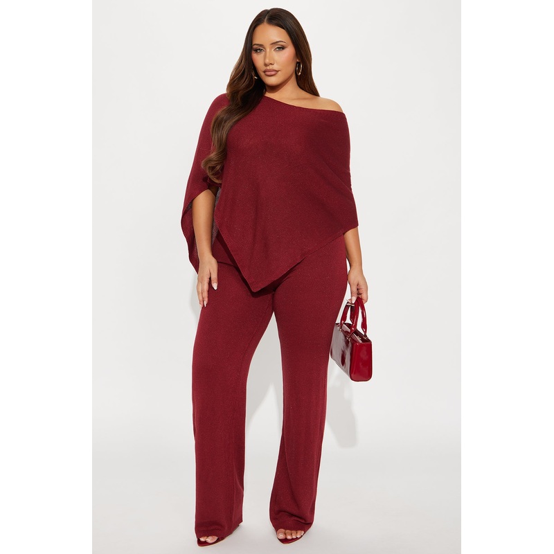 Pauline Off Shoulder Draped Sweater Pant Set – Burgundy