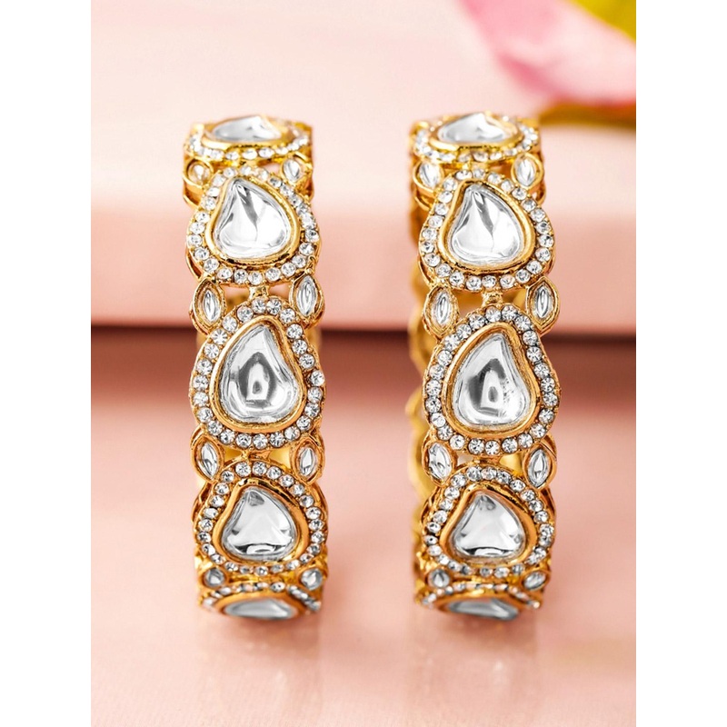 Rubans Set of 2 18K Mehandi Gold-Plated Crystal White CubicZirconia Studded Premium Bangle