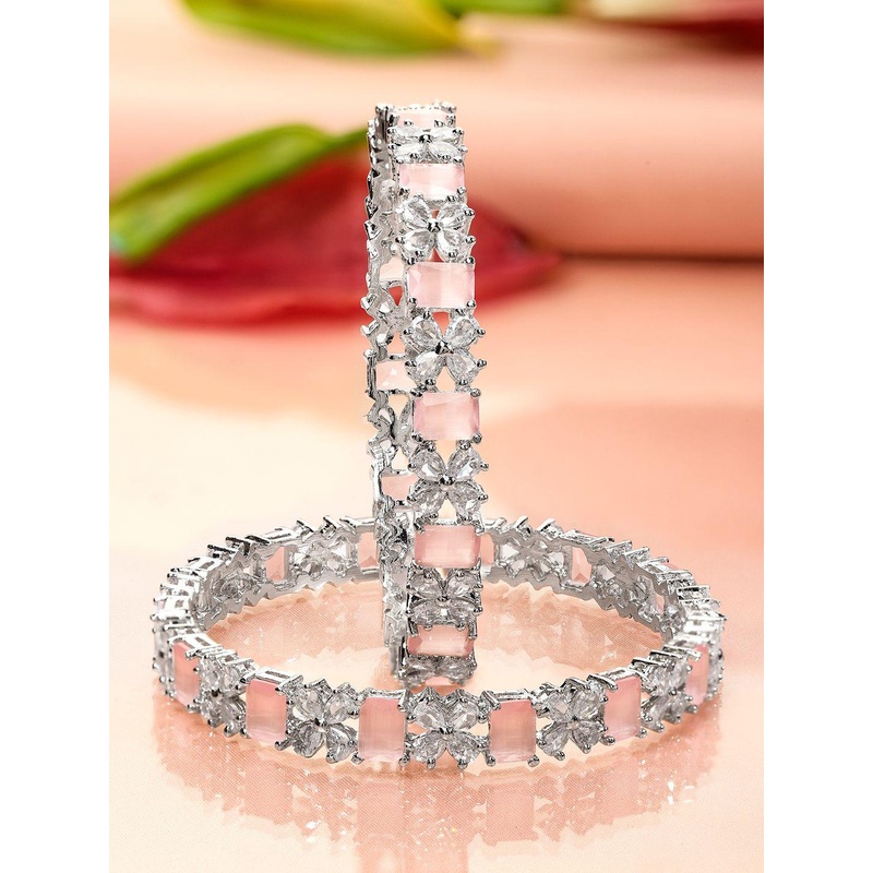 Rubans Set of 2 Rhodium-Plated Pastel Pink & White Cubic Zirconia Studded Floral Bangles