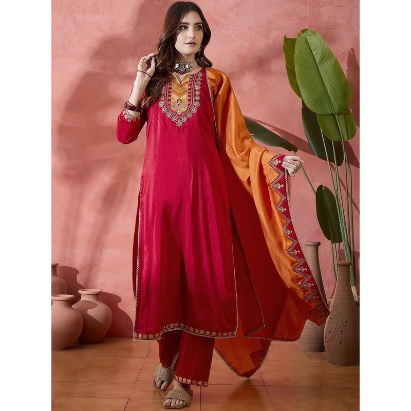 Sangria Embroidered Sequence Straight Kurta & Trouser With Dupatta