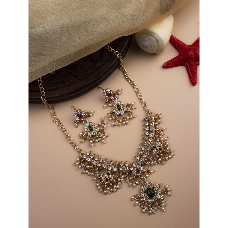 StileAdda Gold Plated Kundan-Studded & Beaded Guttapusallu Jewellery Set