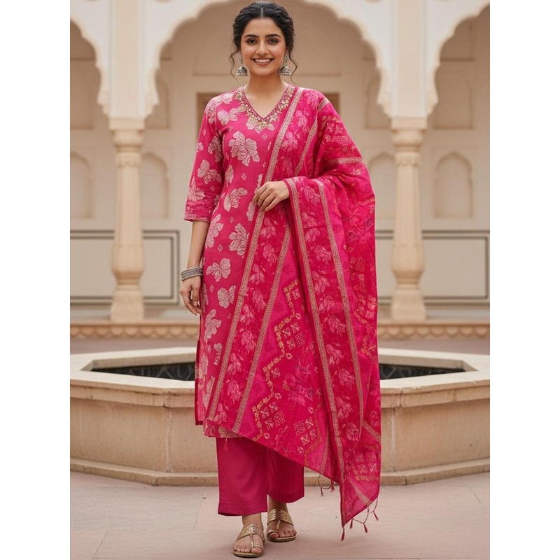 SZN Women Floral Printed Regular Beads and Stones Pure Cotton Kurta with Trousers & With Dupatta