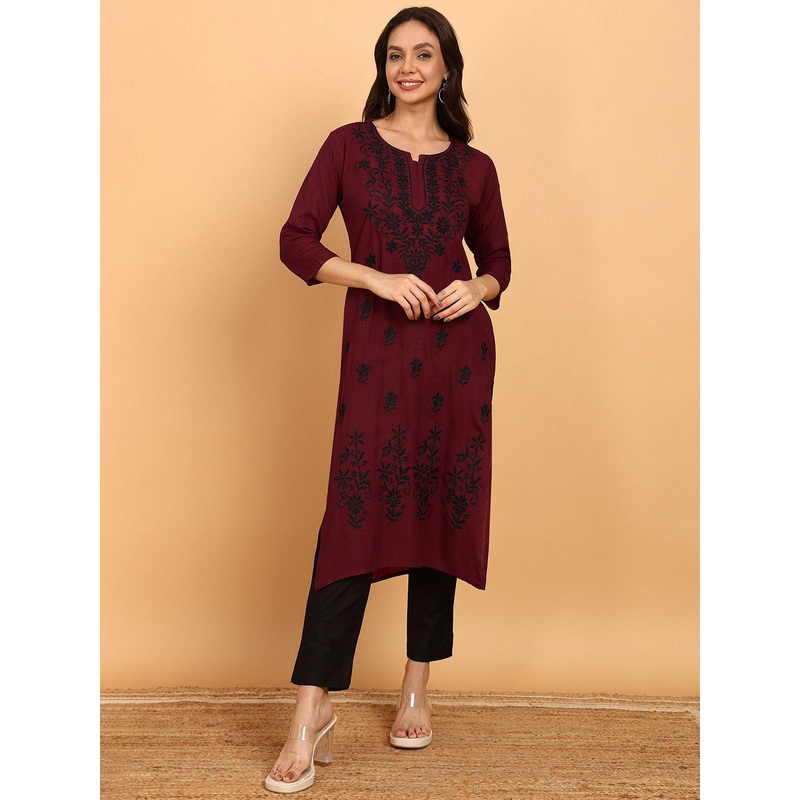 TOP N THREAD Floral Embroidered Round Neck Chikankari Machine Weave Straight Kurta