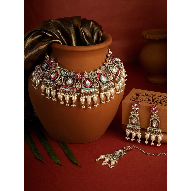 Zaveri Pearls Gold Plated Stones Studded & Beaded Jewellery Set