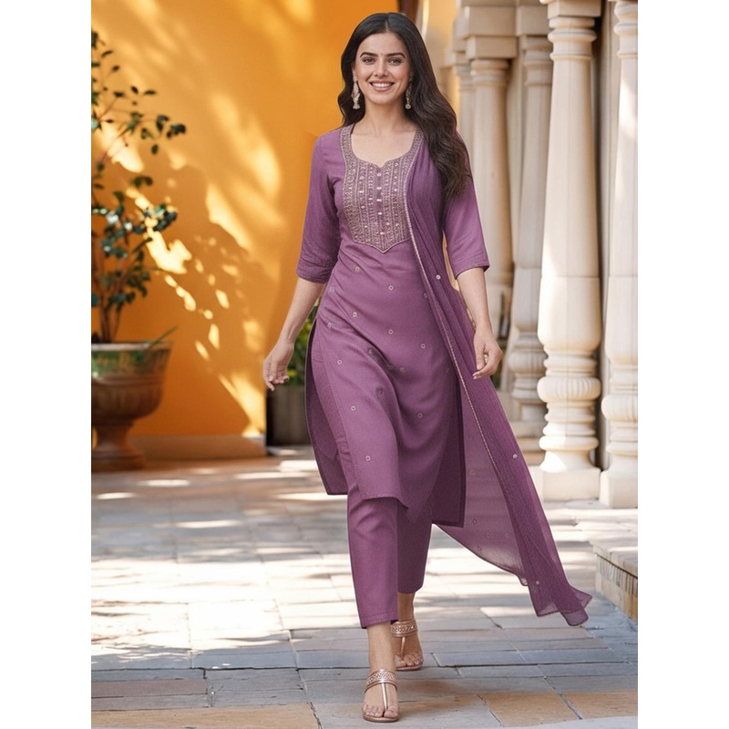 Aaghnya Ethnic Motifs Embroidered Thread Work Straight Kurta With Trousers & Dupatta