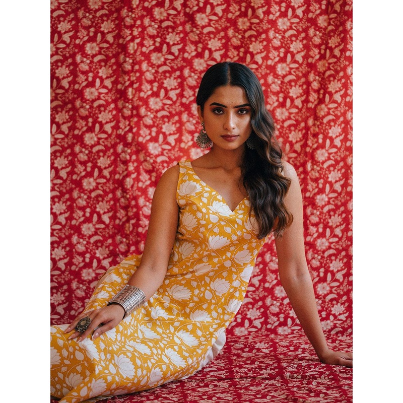 anayna Women Yellow & White Pure Cotton Floral Printed Floral Kurta