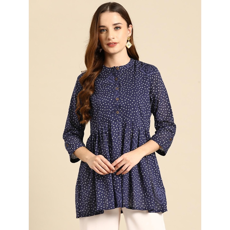 Anouk Bandhani Printed Mandarin Collar Pure Cotton Pleated Short Kurti