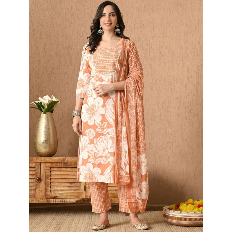 Anouk Floral Printed Round Neck Pure Cotton Straight Kurta With Trousers & Dupatta