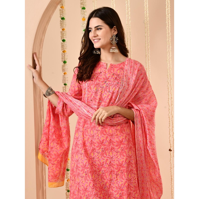 Anouk Women Floral Printed Regular Sequinned Pure Cotton Kurta with Trousers & With Dupatta