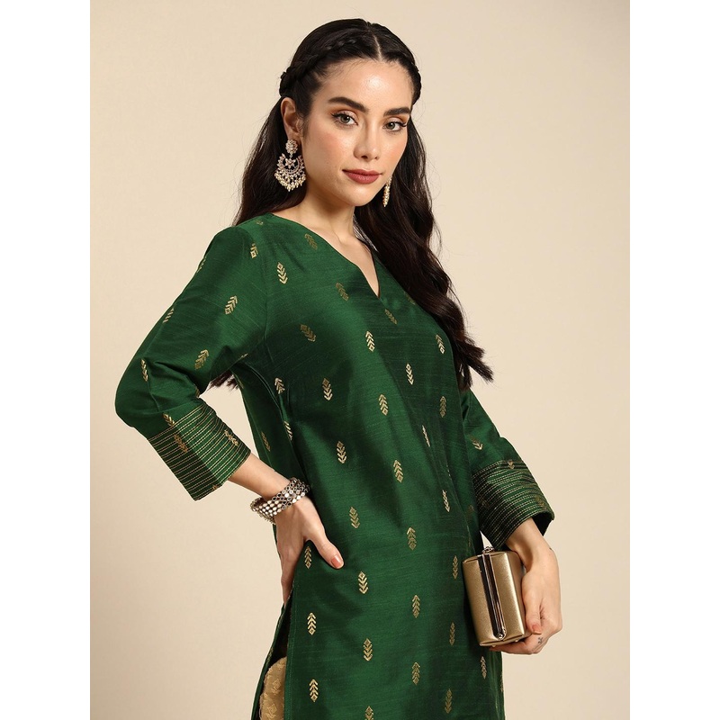 Anouk Women Green & Gold-Toned Ethnic Motifs Dobby Kurta
