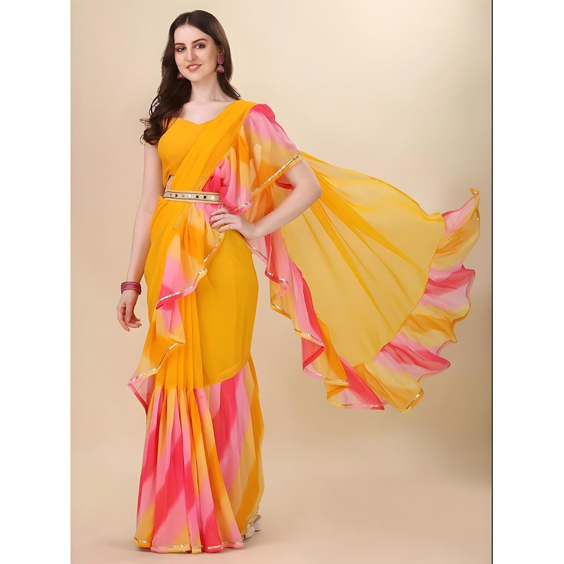 Anouk Women Striped Ruffles Belted Sarees With Blouse Piece