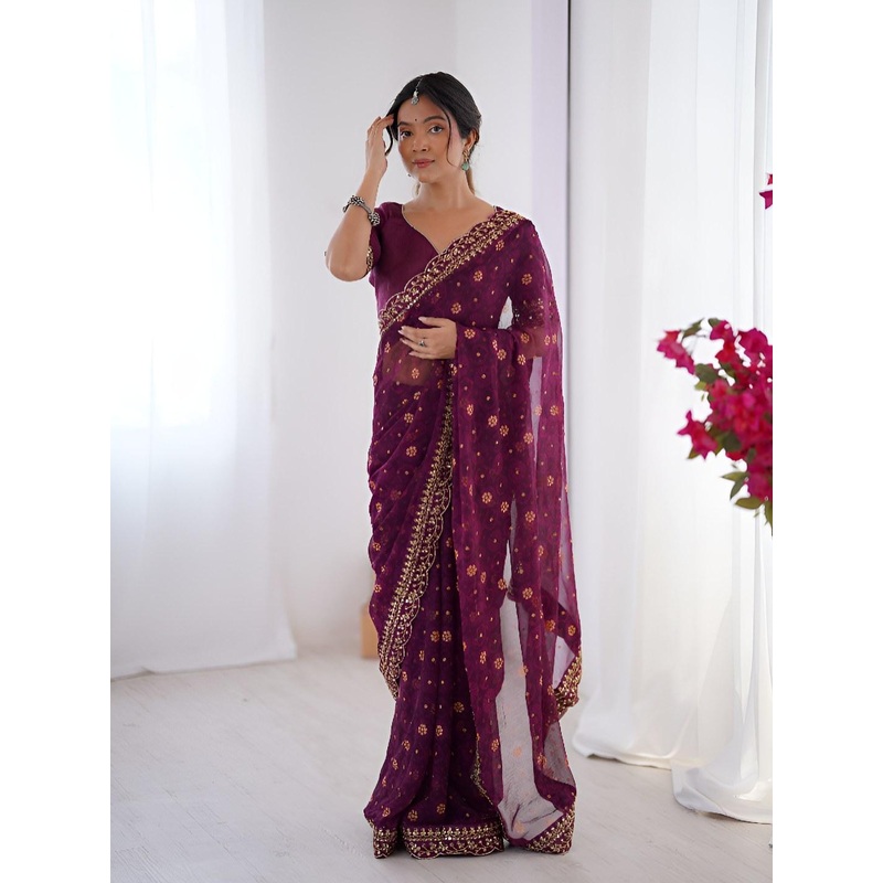 CANIZZARO Ethnic Motifs Printed Embroidered Pure Chiffon Heavy Work Saree