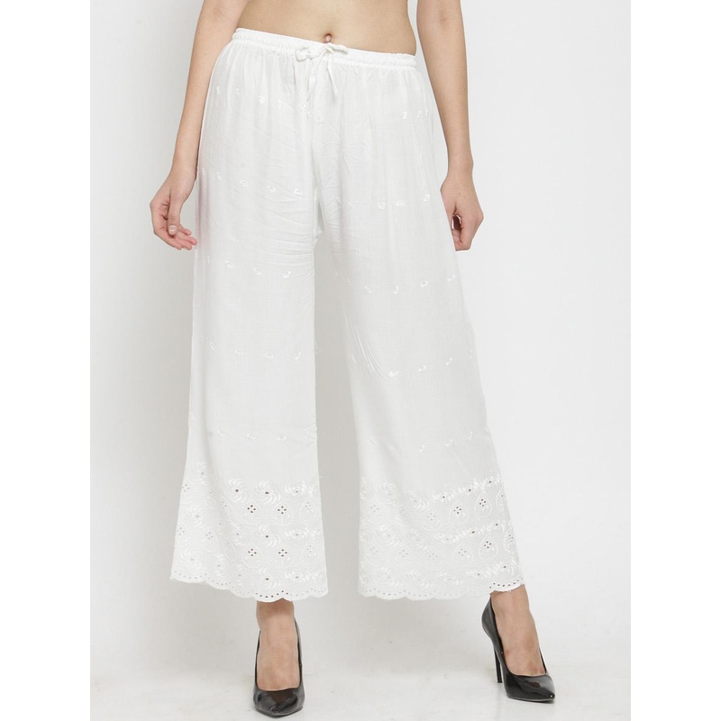 Clora Creation Women White Embroidered Straight Palazzos