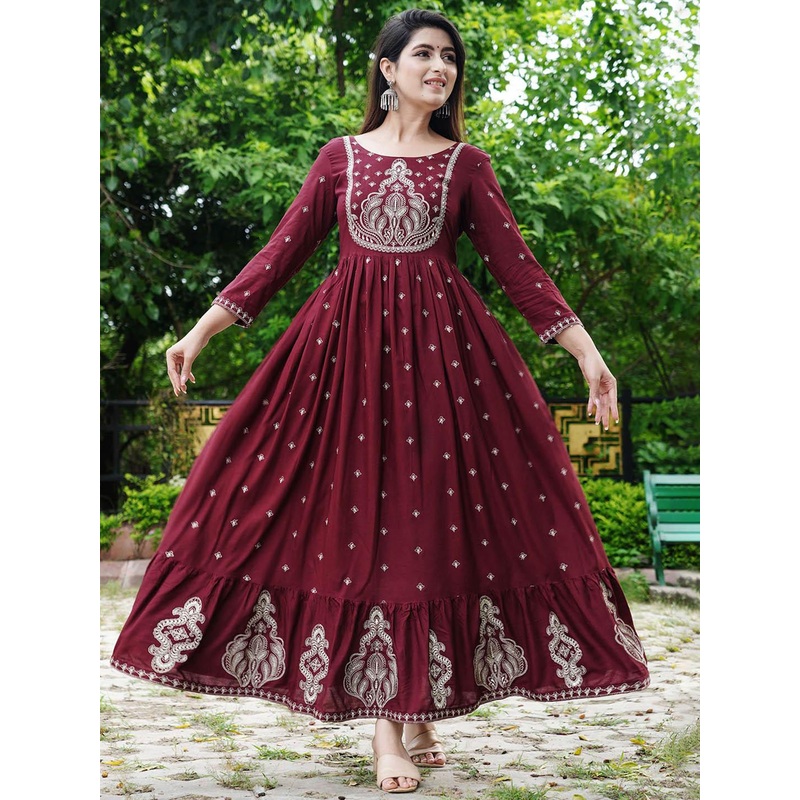 DSS FASHION Abstract Mirror Work Square Neck Pleated Anarkali Kurta