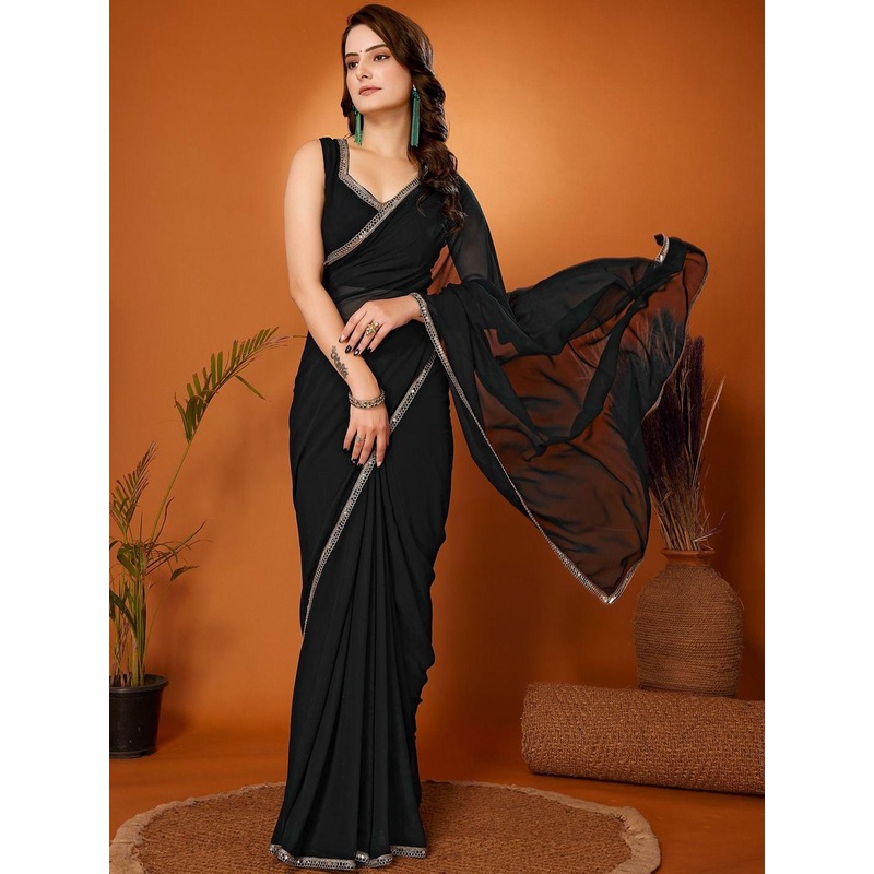 FABMORA Embellished Sequinned Pure Georgette Saree