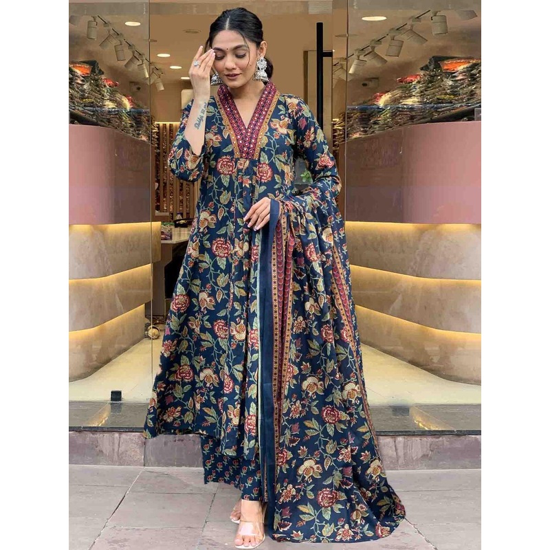 GoSriKi Cia Floral Printed V-Neck Panelled Anarkali Kurta With Palazzos & Dupatta
