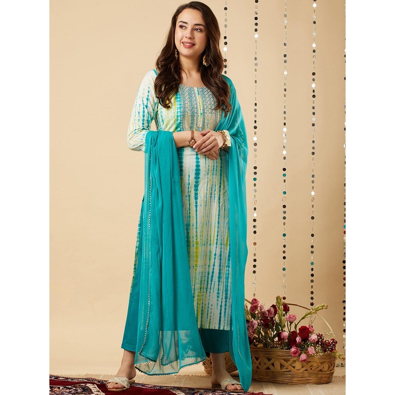 GoSriKi Shibori Dyed Regular Kurta with Trousers &  Dupatta