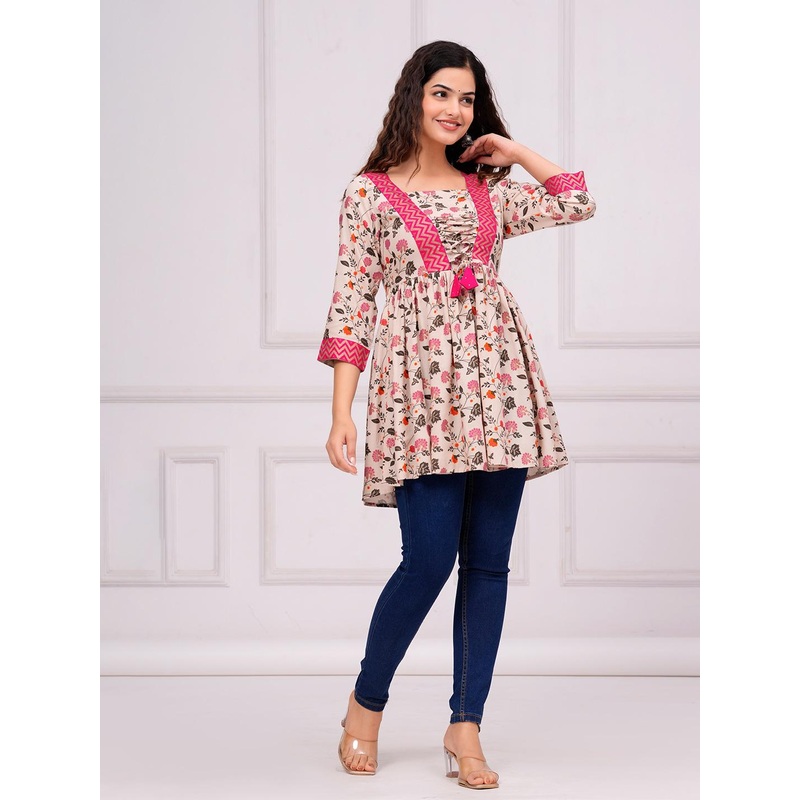INDIANIC Floral Printed V-Neck A-Line Kurti