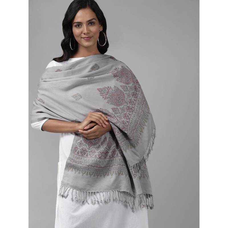 Indo Era Grey Ethnic Motifs Woven Design Stole