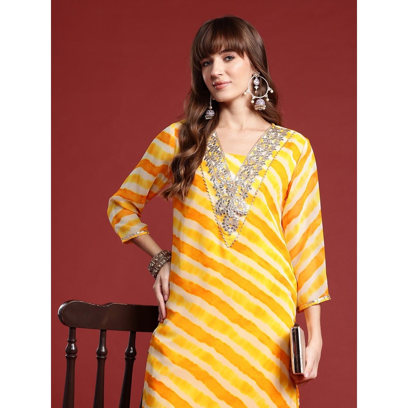 Indo Era Leheriya Printed Gotta Patti Georgette Kurta