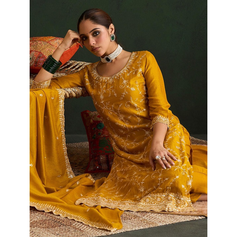 Indo Era Women Ethnic Motifs Embroidered Regular Thread Work Kurta with Trousers & With Dupatta