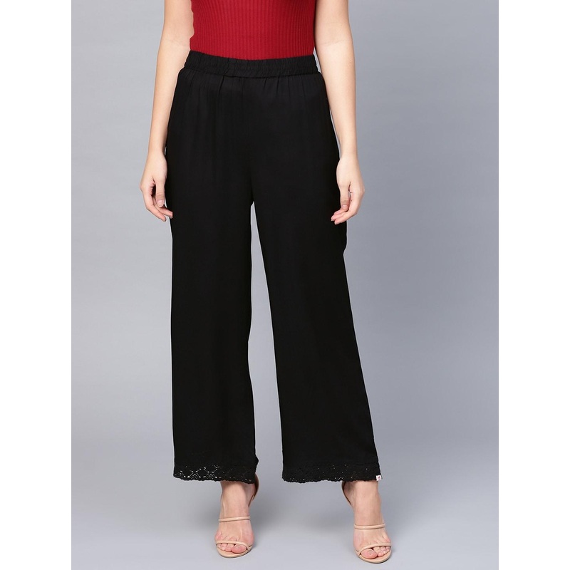 Juniper Women Black Hem Design Straight Leg Palazzos