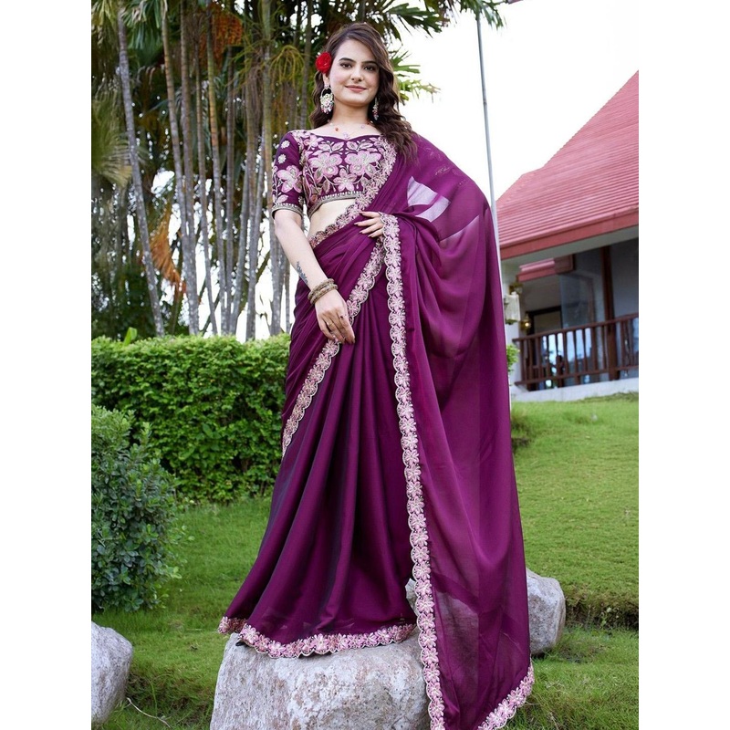 K 5 Fashion Embroidered Beads and Stones Pure Chiffon Saree