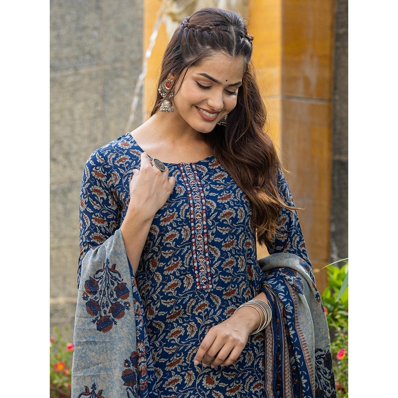 KALINI Floral Printed Thread Work Straight Kurta With Trousers & Dupatta