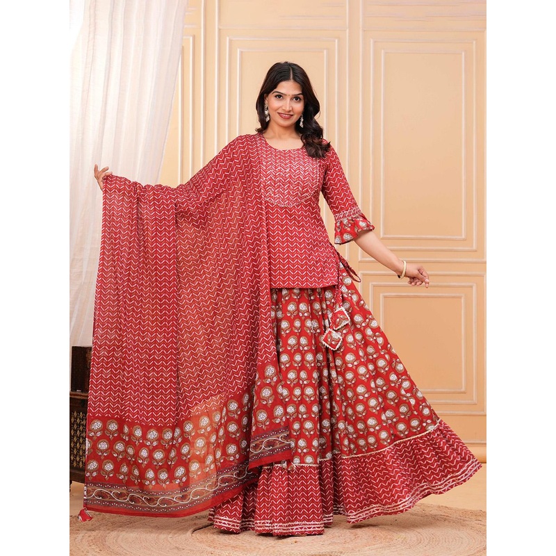 KALINI Women Floral Printed Regular Pure Cotton Kurti with Skirt & Dupatta